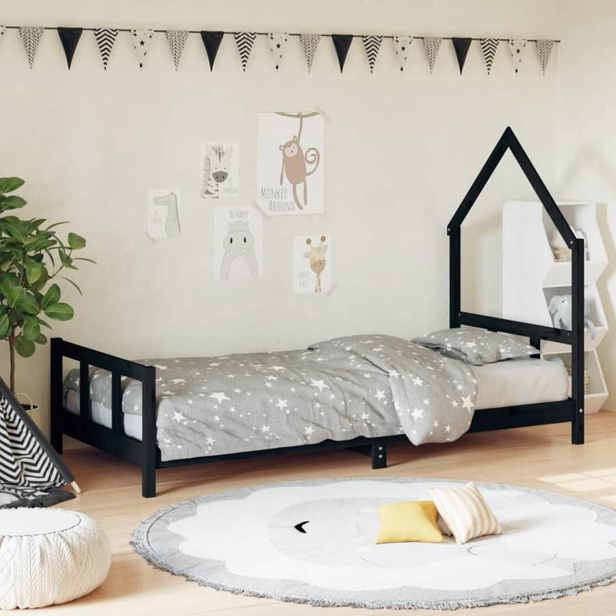 VidaXL Kinderbedframe 90x200 cm Grenenhout Zwart Kinderbed Houten Bed Peuterbed Kids Bed Grenenhouthout Zwarte Kinderkamer Slaapkamer Decoratie Kindermeubels - Foto 2