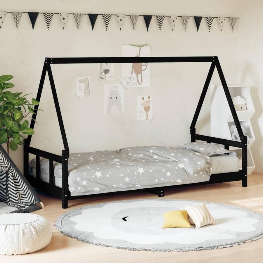 VidaXL Kinderbedframe 90x200 cm Grenenhout Zwart Kinderbed Huisjesbed Grenenhouten Bed Kidsbed Kinderkamersdecoratie Tweepersoonssleepsysteem - Foto 2