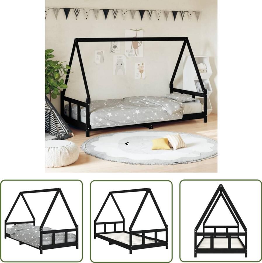 VidaXL Kinderbedframe 90x200 cm Grenenhout Zwart Kinderbed Huisjesbed Grenenhouten Bed Kidsbed Kinderkamersdecoratie Tweepersoonssleepsysteem