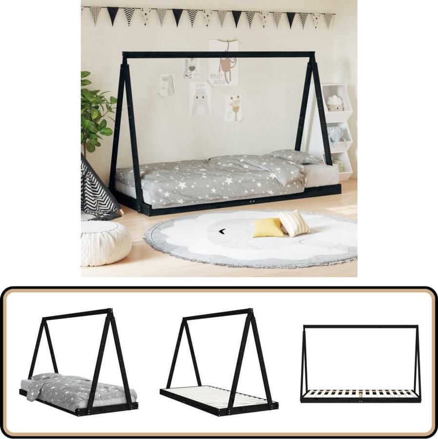 VidaXL Kinderbedframe 90x200 cm Grenenhout Zwart Kinderbed Tippied Houten Bed Kids Bed Zwarte Kinderkamer
