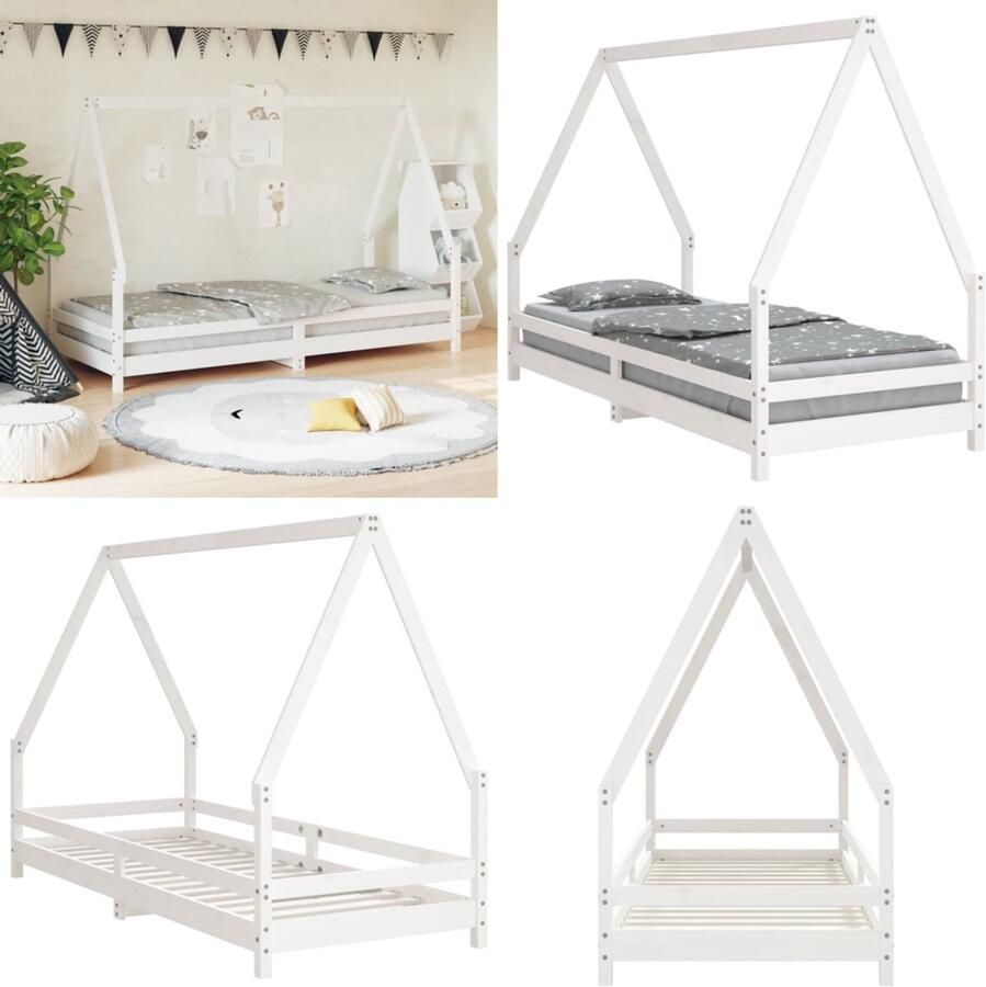 VidaXL Kinderbedframe 90x200 cm massief grenenhout wit Kinderbedframe Kinderbedframes Kinderbed Peuterbed