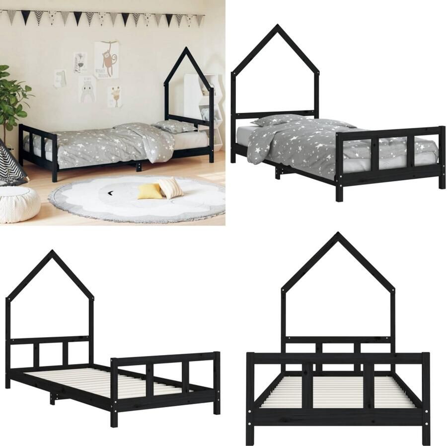 VidaXL Kinderbedframe 90x200 cm massief grenenhout zwart Kinderbedframe Kinderbedframes Kinderbed Peuterbed