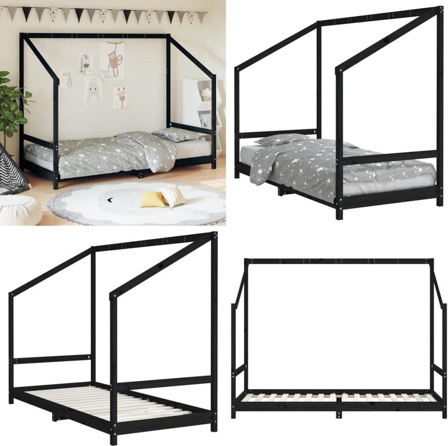 VidaXL Kinderbedframe 90x200 cm massief grenenhout zwart Kinderbedframe Kinderbedframes Kinderbed Peuterbed