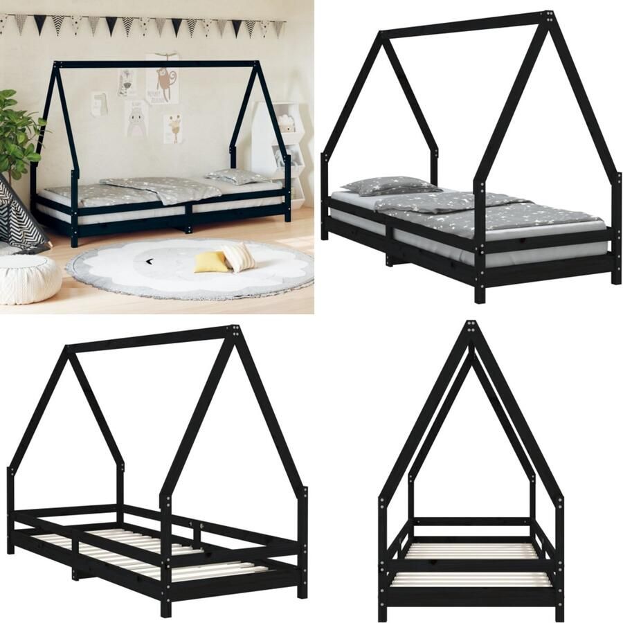 VidaXL Kinderbedframe 90x200 cm massief grenenhout zwart Kinderbedframe Kinderbedframes Kinderbed Peuterbed