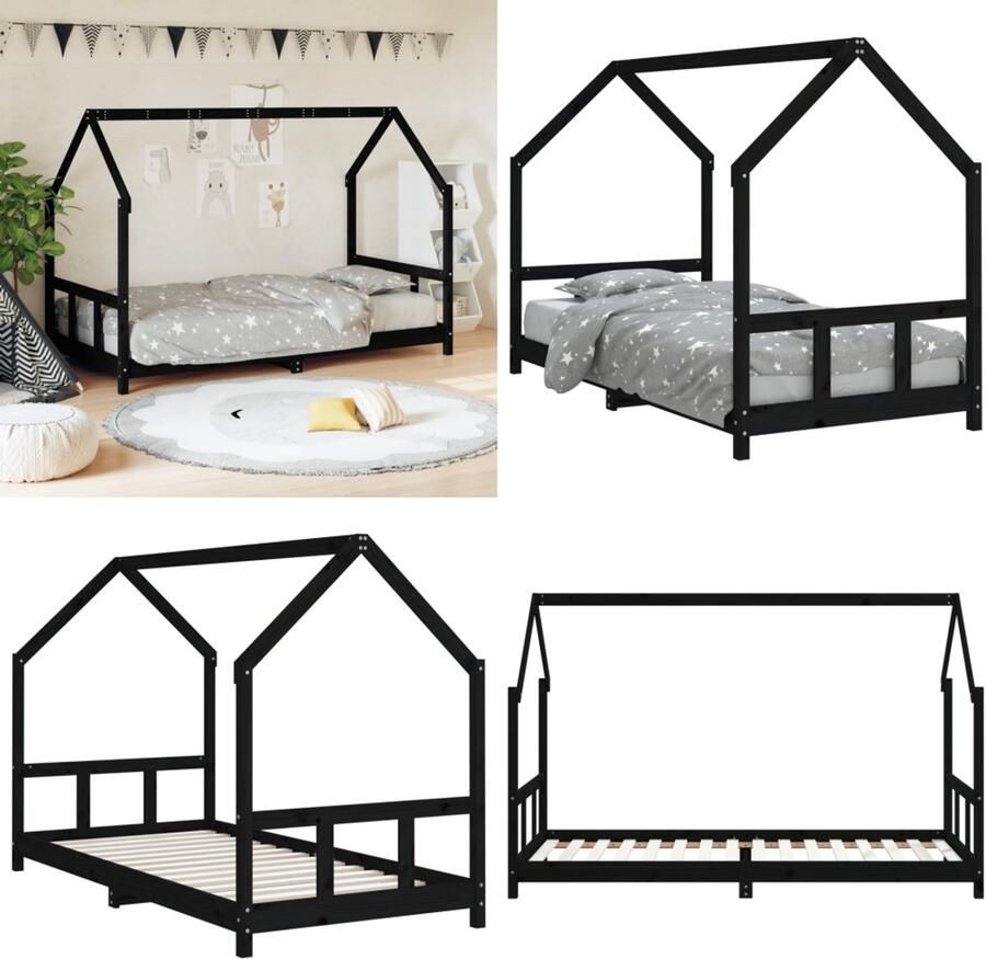 VidaXL Kinderbedframe 90x200 cm massief grenenhout zwart Kinderbedframe Kinderbedframes Kinderbed Peuterbed