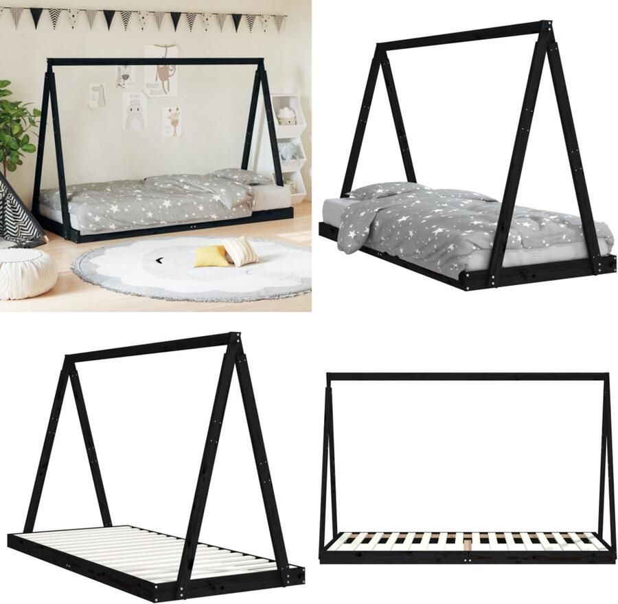 VidaXL Kinderbedframe 90x200 cm massief grenenhout zwart Kinderbedframe Kinderbedframes Kinderbed Tipibed