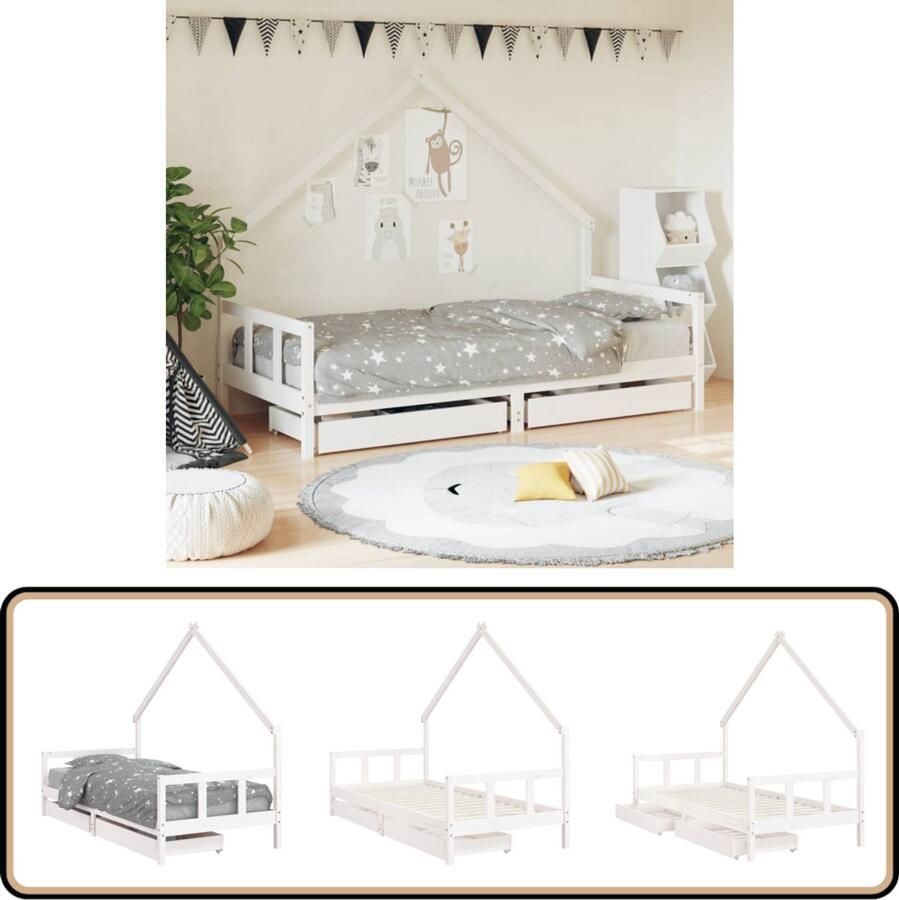VidaXL Kinderbedframe 90x200 cm Met lades Wit Kinderbed Huisbed Grenenhouten Bed Kidsbed Kinderkamerinrichting