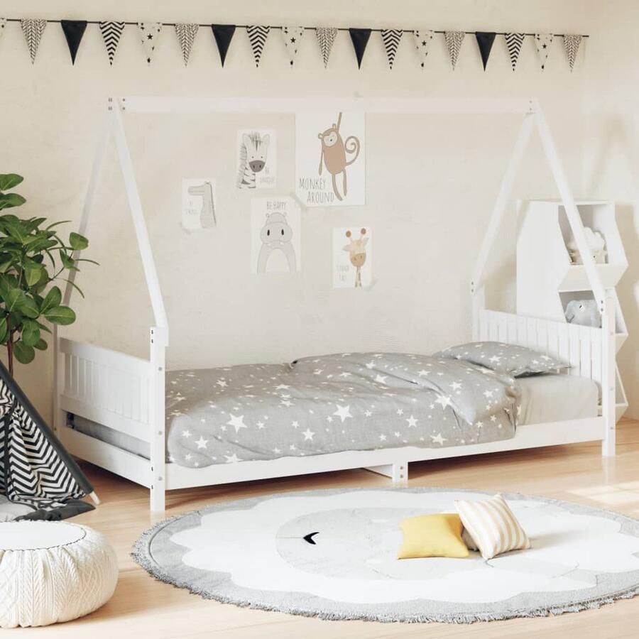 VidaXL Kinderbedframe 90x200 cm Wit Grenenhout Kinderbed Houten Bed Peuterbed Kids Bed Dakvormig Bed Grenenhout Bed Wit Bed Kinderkamer Meubels - Foto 2