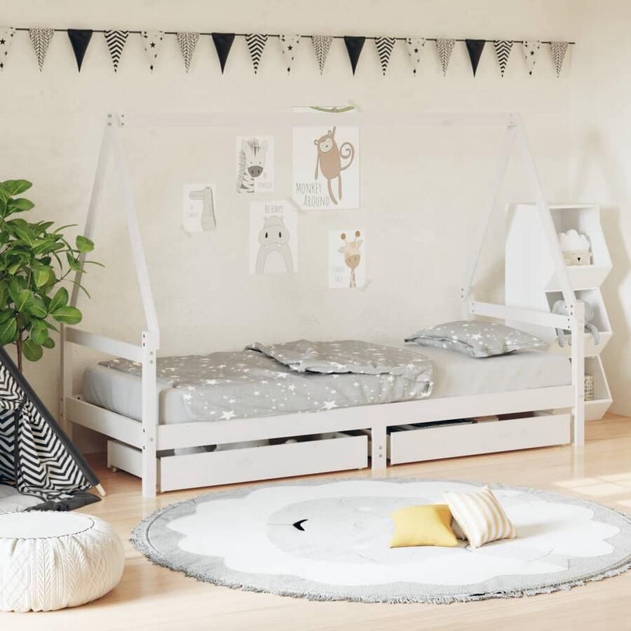 VidaXL Kinderbedframe 90x200 cm Wit Met lades Kinderbed Houten Bed Peuterbed Kidsbed Opbergruimte Kinderkamer Decoratie Babykamer Meubels Jongensbed Meisjesbed - Foto 2