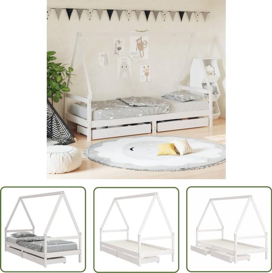 VidaXL Kinderbedframe 90x200 cm Wit Met lades Kinderbed Houten Bed Peuterbed Kidsbed Opbergruimte Kinderkamer Decoratie Babykamer Meubels Jongensbed Meisjesbed