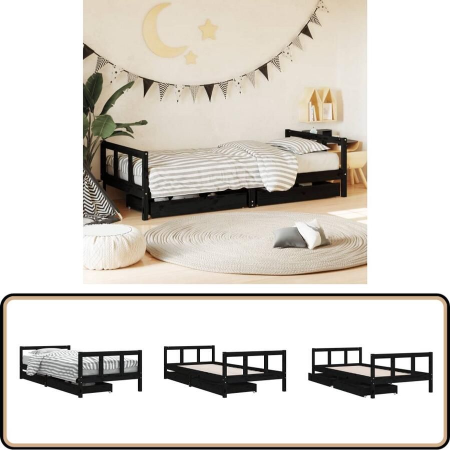 VidaXL Kinderbedframe 90x200 cm Zwart Grenenhout Kinderbed Frame Houten Bed Kids Bed Grenenhouten Bed Tweepersoonsbed Slaapkamers Decoratie Kinderkamer Meubels