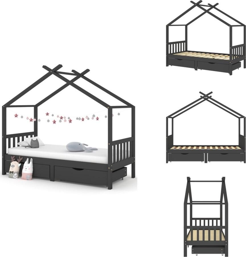 VidaXL Kinderbedframe Kinderbedframes Bed Bedden Kinderbedframe met lades grenenhout donkergrijs 90x200 cm - Foto 2