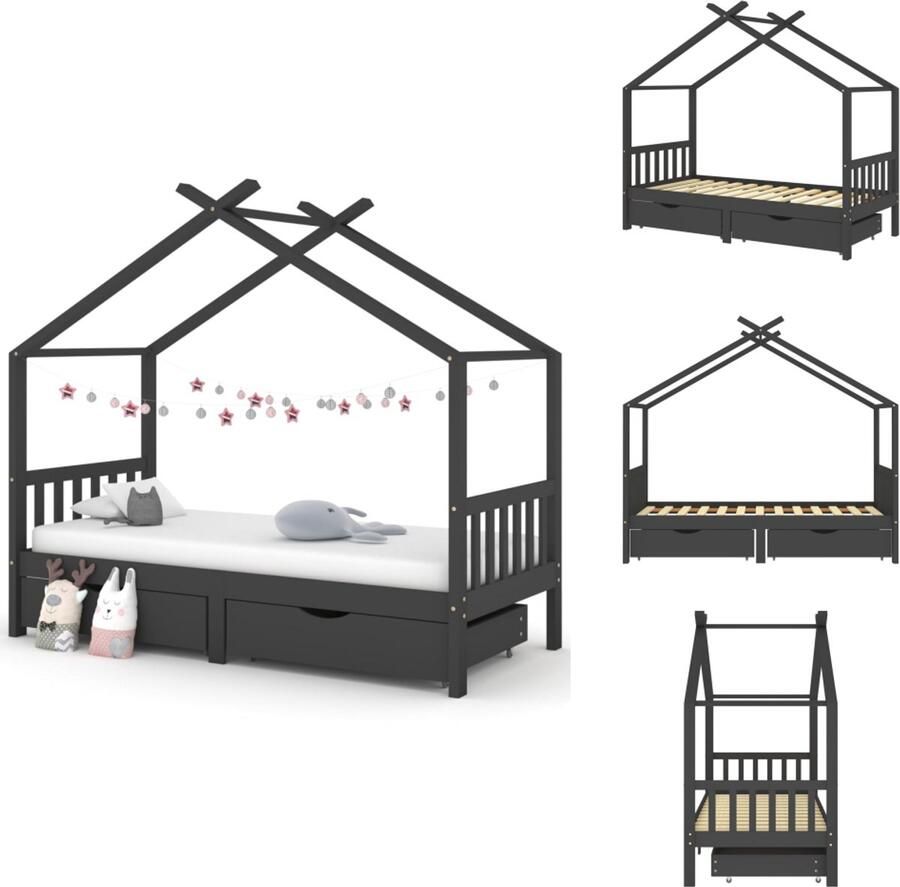 VidaXL Kinderbedframe Kinderbedframes Bed Bedden Kinderbedframe met lades grenenhout donkergrijs 90x200 cm