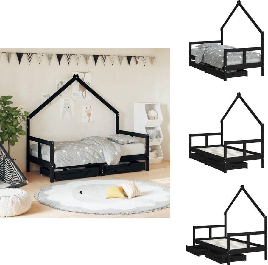 VidaXL Kinderbedframe Kinderbedframes Kinderbed Bed Voor Kinderen Kinderbedframe met lades 80x160 cm massief grenenhout zwart