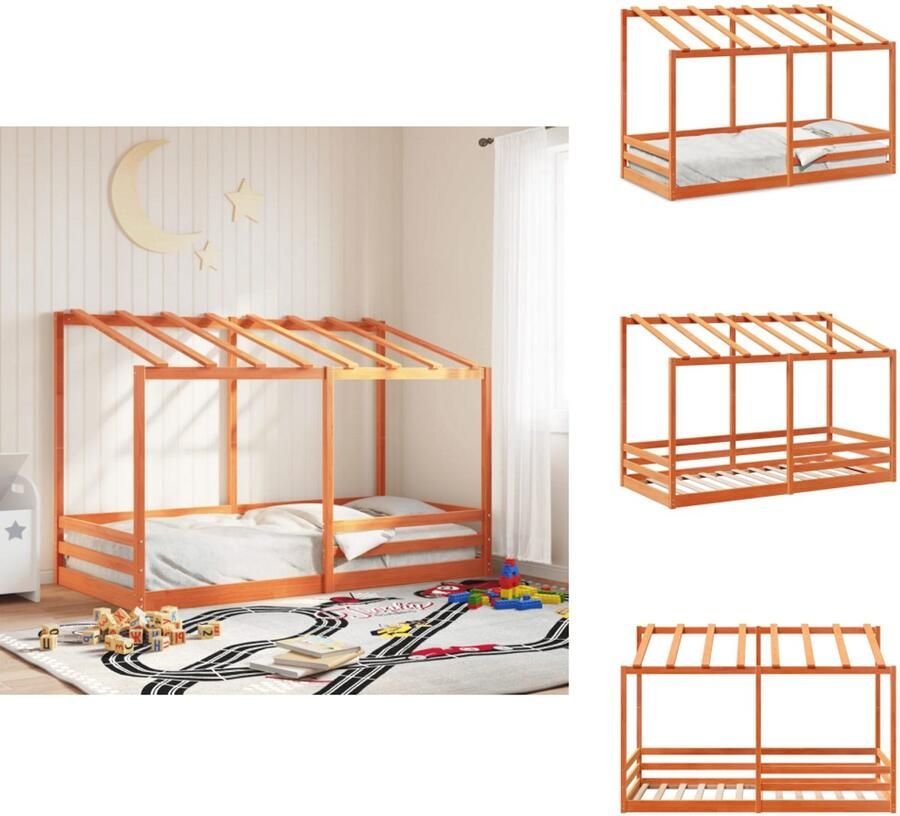 VidaXL Kinderbedframe Kinderbedframes Kinderbed Peuterbed Kinderbed met bedhuis 90x200 cm massief grenenhout wasbruin