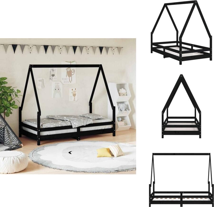VidaXL Kinderbedframe Kinderbedframes Kinderbed Peuterbed Kinderbedframe 80x160 cm massief grenenhout zwart - Foto 2