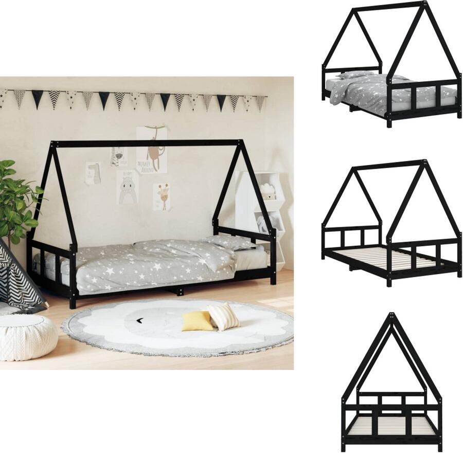VidaXL Kinderbedframe Kinderbedframes Kinderbed Peuterbed Kinderbedframe 90x190 cm massief grenenhout zwart