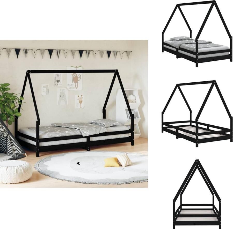 VidaXL Kinderbedframe Kinderbedframes Kinderbed Peuterbed Kinderbedframe 90x190 cm massief grenenhout zwart