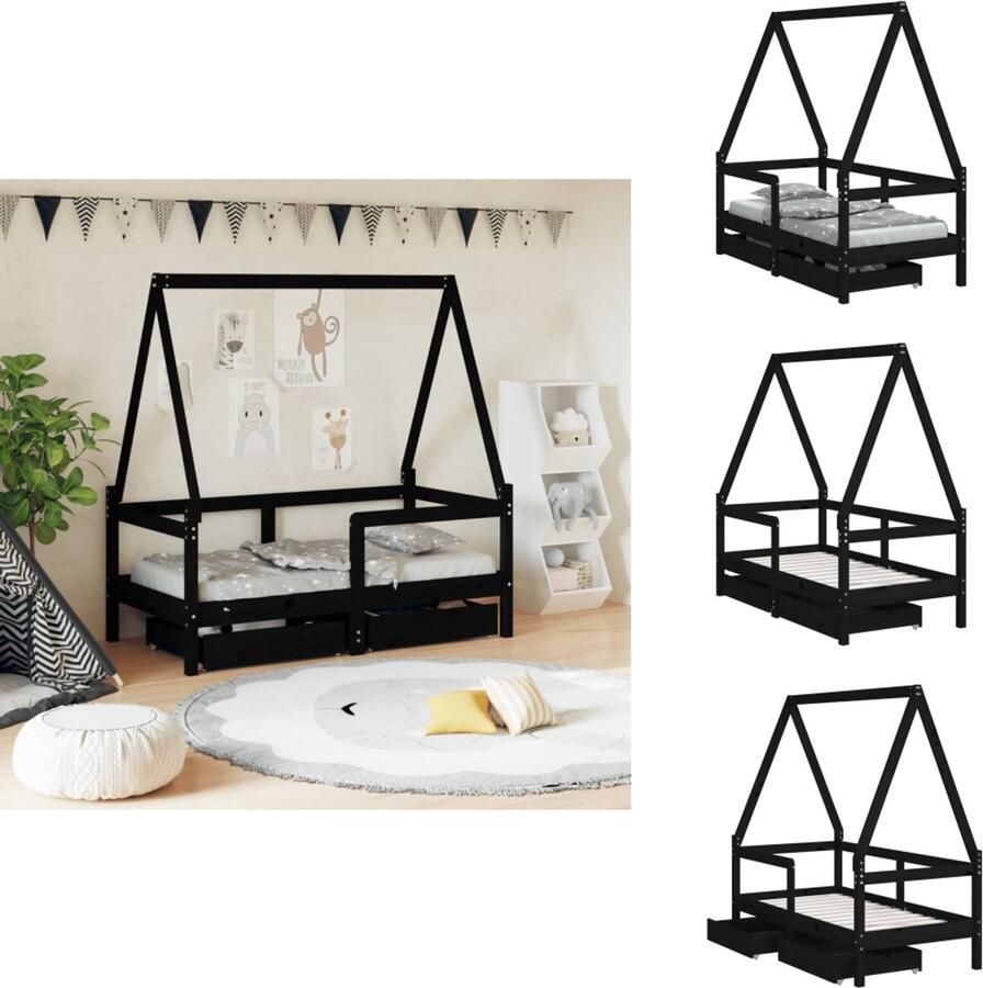 VidaXL Kinderbedframe Kinderbedframes Kinderbed Peuterbed Kinderbedframe met lades 70x140 cm massief grenenhout zwart