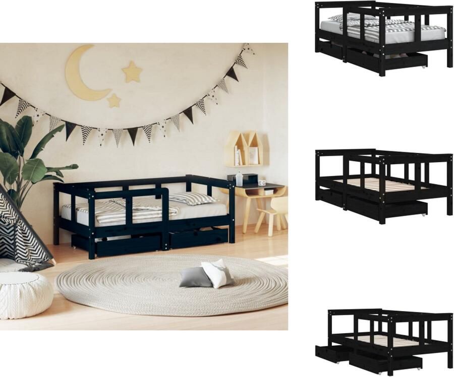VidaXL Kinderbedframe Kinderbedframes Kinderbed Peuterbed Kinderbedframe met lades 70x140 cm massief grenenhout zwart