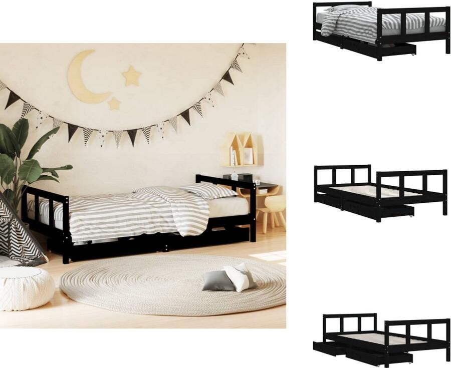 VidaXL Kinderbedframe Kinderbedframes Kinderbed Peuterbed Kinderbedframe met lades 90x190 cm massief grenenhout zwart