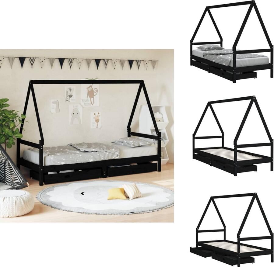 VidaXL Kinderbedframe Kinderbedframes Kinderbed Peuterbed Kinderbedframe met lades 90x190 cm massief grenenhout zwart