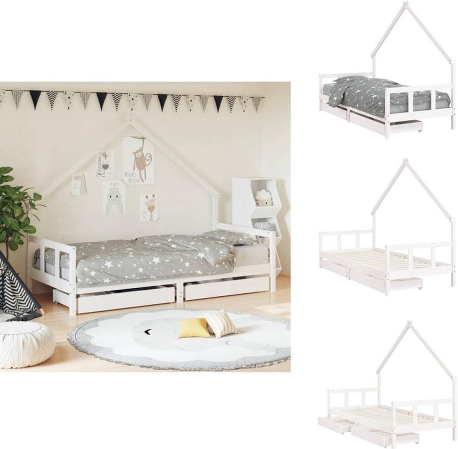 VidaXL Kinderbedframe Kinderbedframes Kinderbed Peuterbed Kinderbedframe met lades 90x200 cm massief grenenhout wit