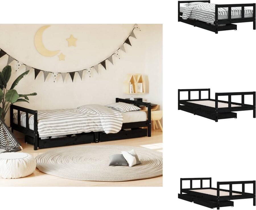 VidaXL Kinderbedframe Kinderbedframes Kinderbed Peuterbed Kinderbedframe met lades 90x200 cm massief grenenhout zwart