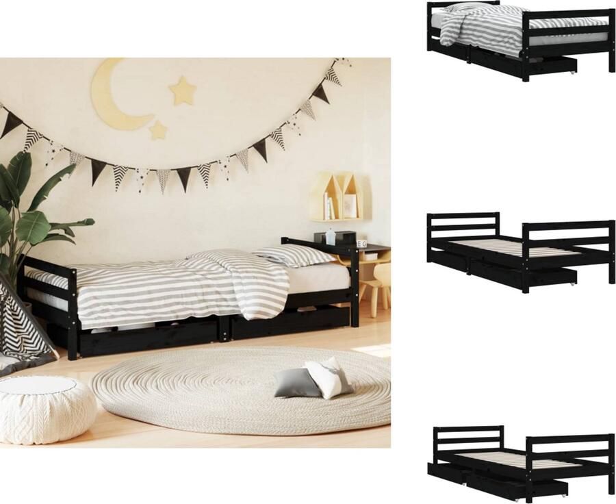 VidaXL Kinderbedframe Kinderbedframes Kinderbed Peuterbed Kinderbedframe met lades 90x200 cm massief grenenhout zwart