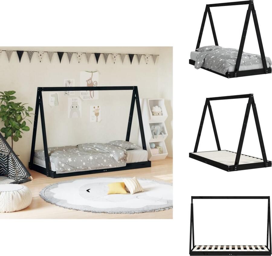 VidaXL Kinderbedframe Kinderbedframes Kinderbed Tipibed Kinderbedframe 80x160 cm massief grenenhout zwart