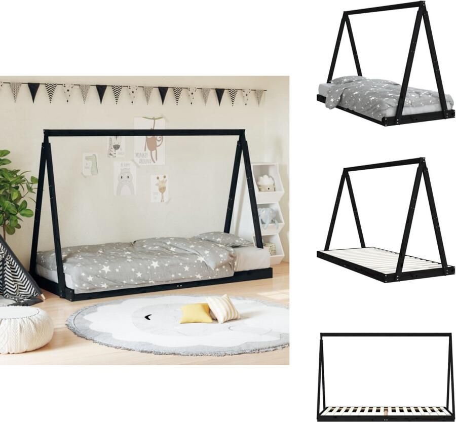 VidaXL Kinderbedframe Kinderbedframes Kinderbed Tipibed Kinderbedframe 90x200 cm massief grenenhout zwart