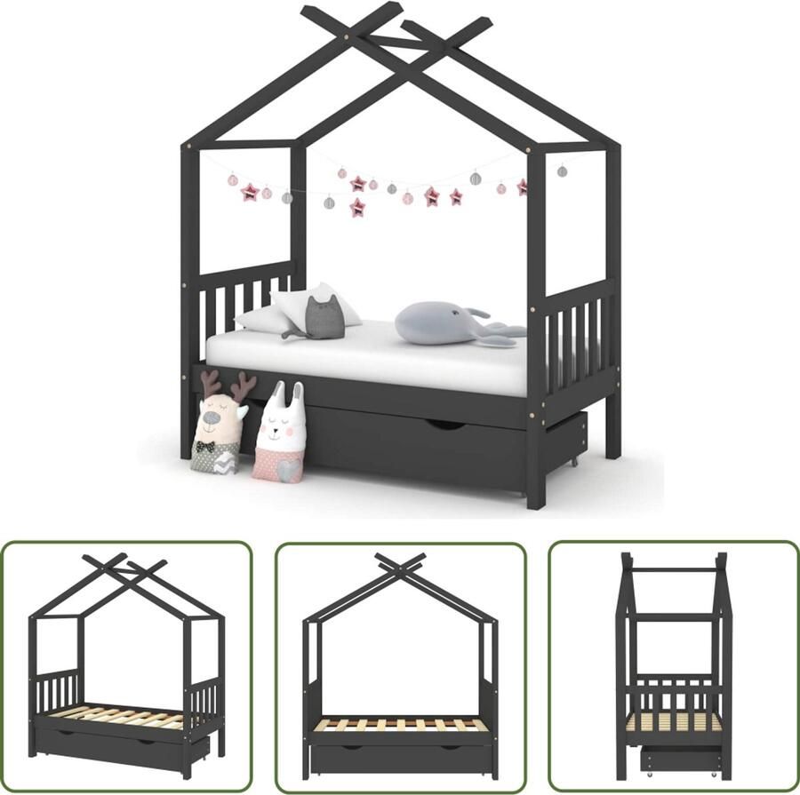 VidaXL Kinderbedframe met lade Donkergrijs 70x140 cm Kinderbed Boomhut Bed Grenenhouten Bed Grijs Bed Kids Bed Slaapkamervloer