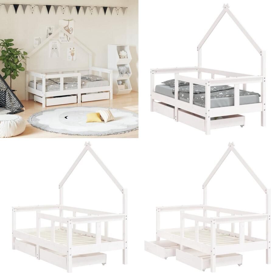 VidaXL Kinderbedframe met lades 70x140 cm massief grenenhout wit Kinderbedframe Kinderbedframes Kinderbed Bed Voor Kinderen