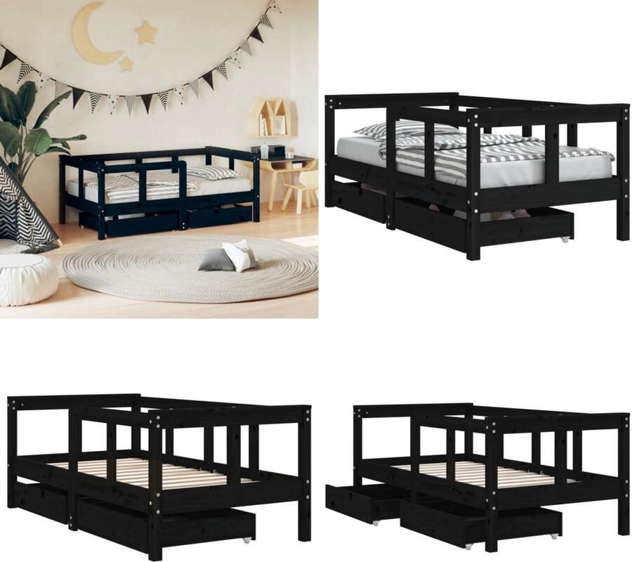 VidaXL Kinderbedframe met lades 70x140 cm massief grenenhout zwart Kinderbedframe Kinderbedframes Kinderbed Peuterbed