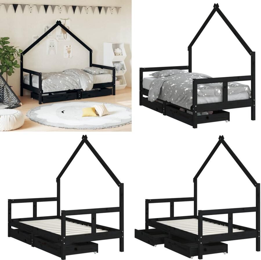 VidaXL Kinderbedframe met lades 80x160 cm massief grenenhout zwart Kinderbedframe Kinderbedframes Kinderbed Bed Voor Kinderen