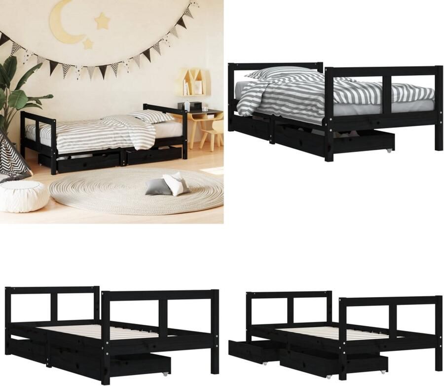 VidaXL Kinderbedframe met lades 80x160 cm massief grenenhout zwart Kinderbedframe Kinderbedframes Kinderbed Peuterbed