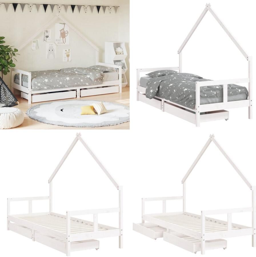 VidaXL Kinderbedframe met lades 80x200 cm massief grenenhout wit Kinderbedframe Kinderbedframes Kinderbed Bed Voor Kinderen