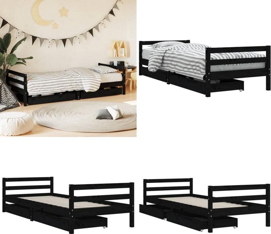 VidaXL Kinderbedframe met lades 80x200 cm massief grenenhout zwart Kinderbedframe Kinderbedframes Kinderbed Peuterbed