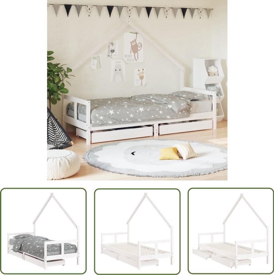 VidaXL Kinderbedframe met lades 80x200 cm Wit Kinderbed Frame Houten Bed Kids Bed Kinderkamer Decoratie Huisvormig Bed Opbergladekinderbed Jongensbed Meisjesbed