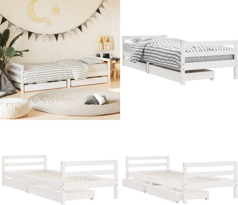 VidaXL Kinderbedframe met lades 90x190 cm massief grenenhout wit Kinderbedframe Kinderbedframes Kinderbed Peuterbed