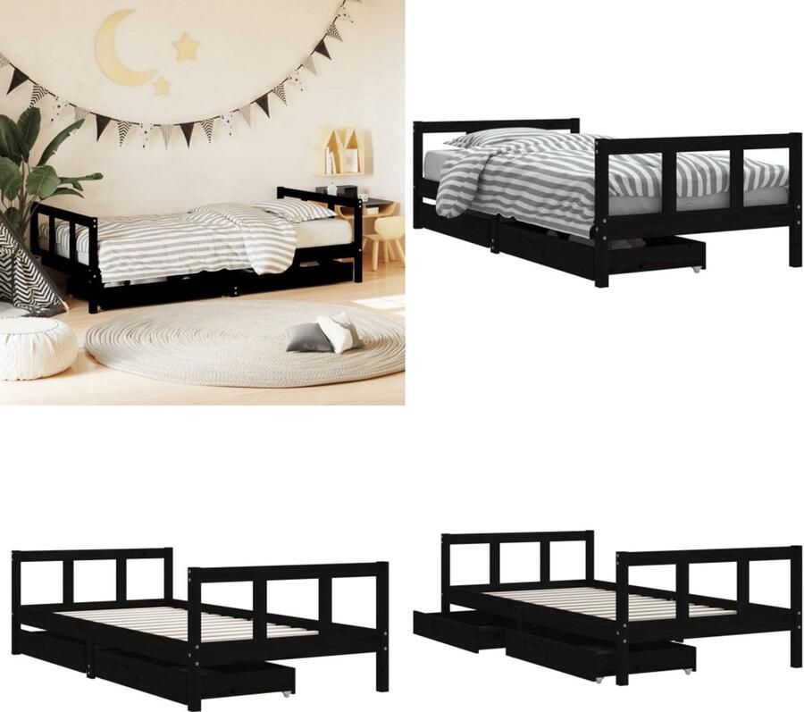VidaXL Kinderbedframe met lades 90x190 cm massief grenenhout zwart Kinderbedframe Kinderbedframes Kinderbed Peuterbed