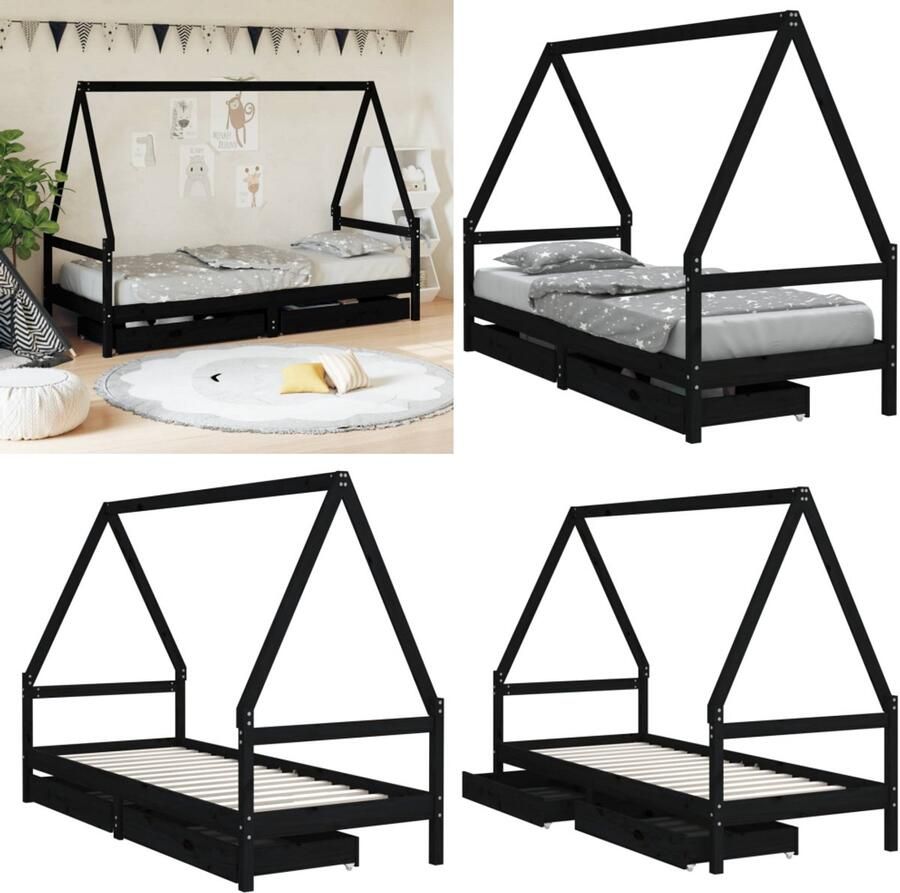 VidaXL Kinderbedframe met lades 90x190 cm massief grenenhout zwart Kinderbedframe Kinderbedframes Kinderbed Peuterbed