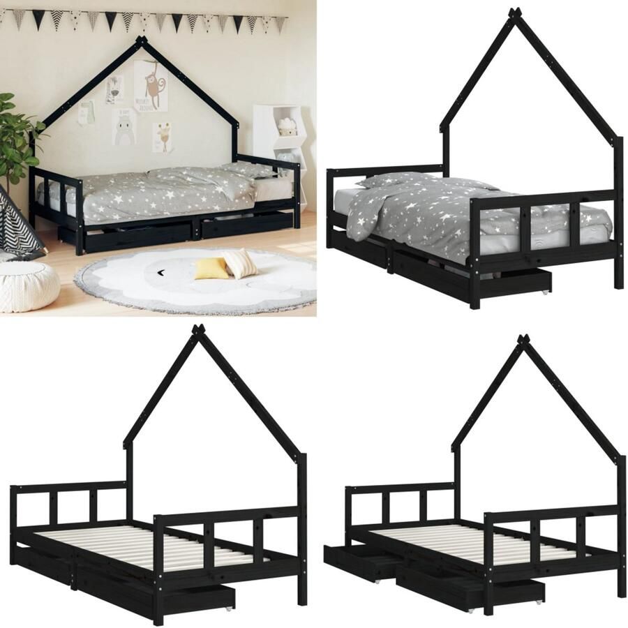 VidaXL Kinderbedframe met lades 90x200 cm massief grenenhout zwart Kinderbedframe Kinderbedframes Kinderbed Peuterbed