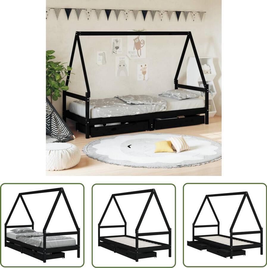 VidaXL Kinderbedframe met lades 90x200 cm zwart Kinderbed Houten Bed Kids Bed Peuterbed Opbergladekinderbed Design Kinderbed Grenenhouthout