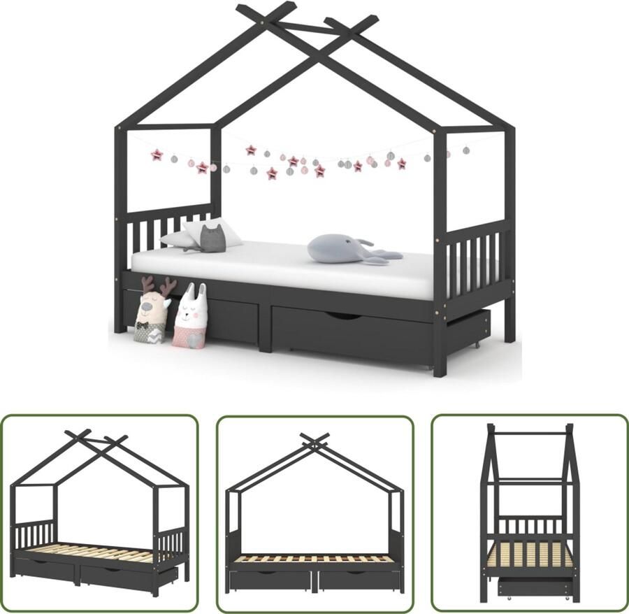 VidaXL Kinderbedframe met lades Donkergrijs 90x200 cm Kinderbed Boomhutbed Kidsbed Grenenhouten Bed Grijs Bed Slaapkamersdecoratie Kinderkamerinrichting