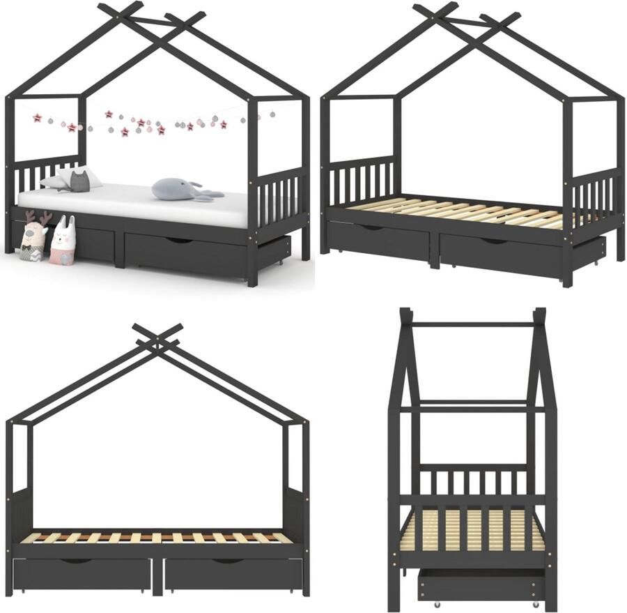 VidaXL Kinderbedframe met lades grenenhout donkergrijs 90x200 cm Kinderbedframe Kinderbedframes Bed Bedden