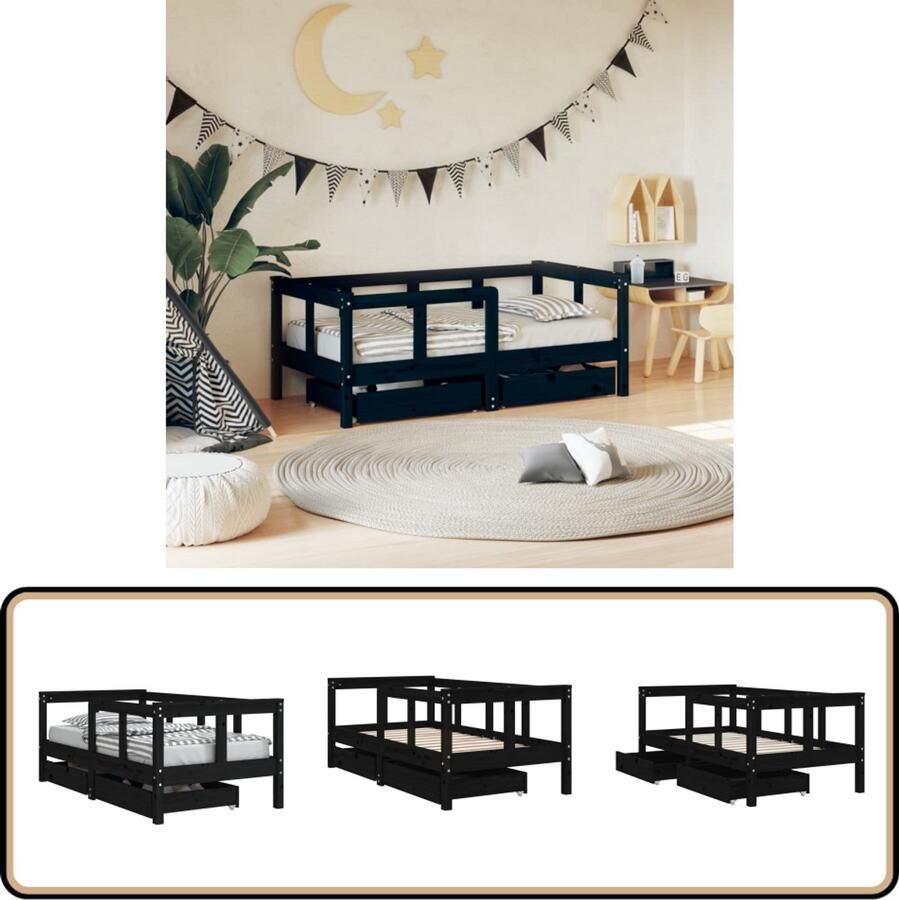 VidaXL Kinderbedframe met lades Zwart 70x140 cm Kinderbed Frame Houten Bed Kids Bed Grenenhouten Bed Kinderkamer Meubels
