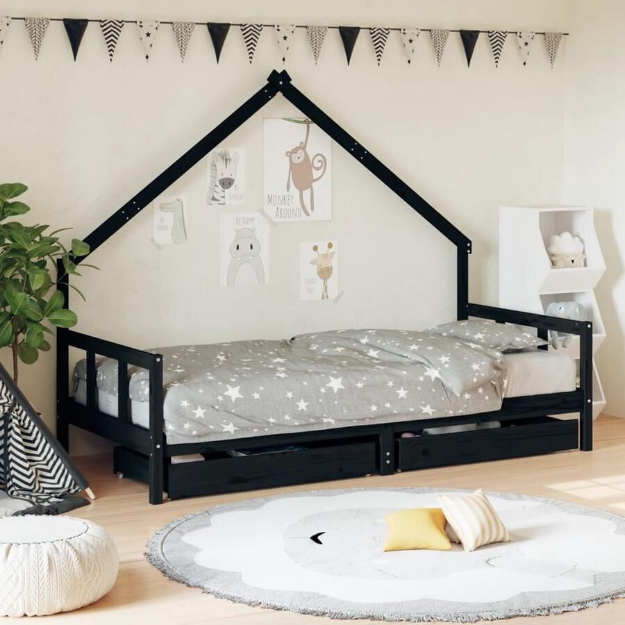 VidaXL Kinderbedframe met lades Zwart 90x200 cm Kinderbed Frame Huisbed Grenenhout Bed Kids Bed Opbergladekinderbed Jongensbed Meisjesbed Kinderkamer Meubels - Foto 2