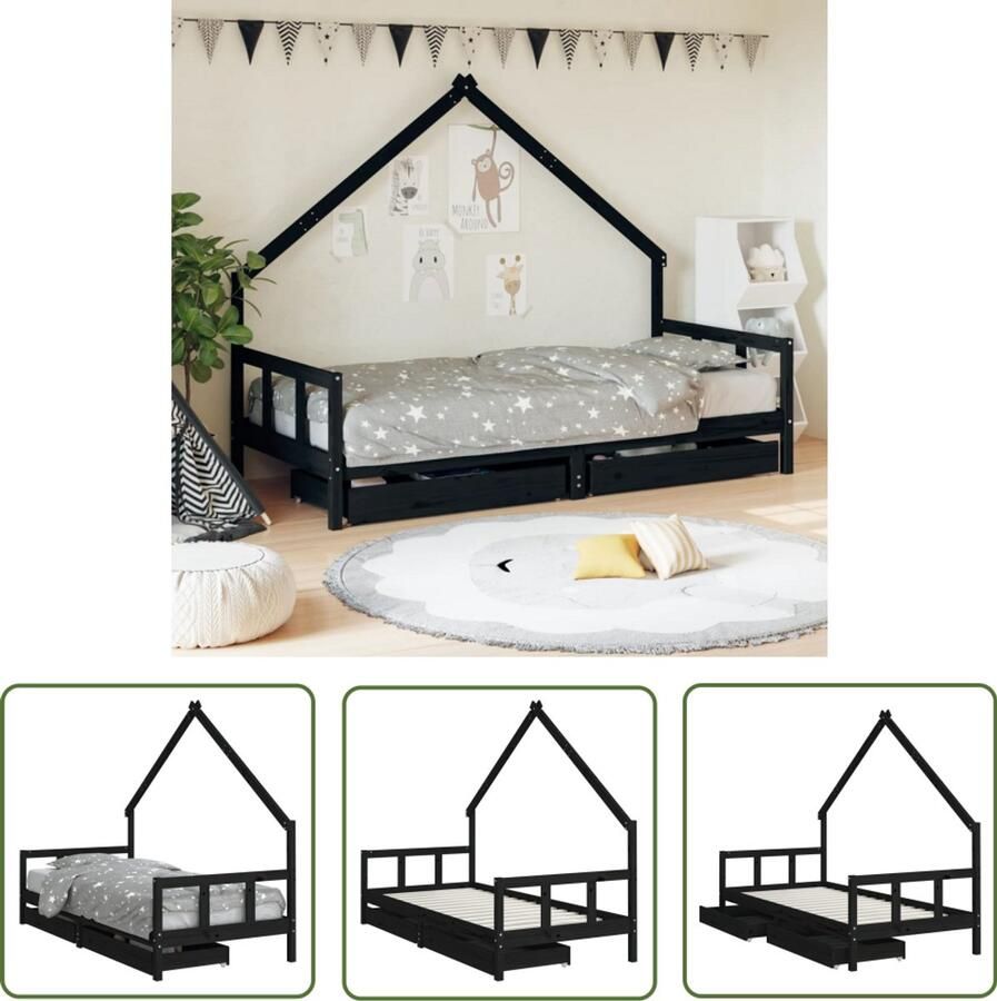 VidaXL Kinderbedframe met lades Zwart 90x200 cm Kinderbed Frame Huisbed Grenenhout Bed Kids Bed Opbergladekinderbed Jongensbed Meisjesbed Kinderkamer Meubels