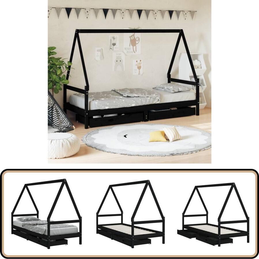 VidaXL Kinderbedframe met lades Zwart Grenenhout Kinderbed Houten Bed Kids Bed Grenenhouten Bed Kinderkamer Meubels Slaapkamer Decoratie Jongens Bed Meisjes Bed